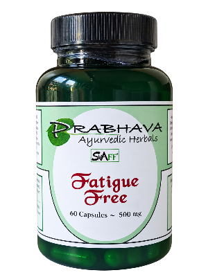 A green plastic bottle of Prabhava Ayurvedic Herbals 'Fatigue Free' capsules with a black ribbed cap and a white and light green label.