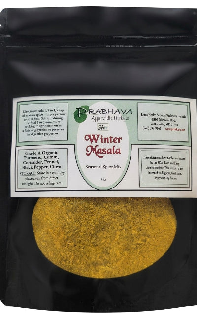 Prabhava Winter Masala Ayurvedic seasonal spice blend in black resealable pouch with turmeric, cumin, coriander, fennel, black pepper and clove